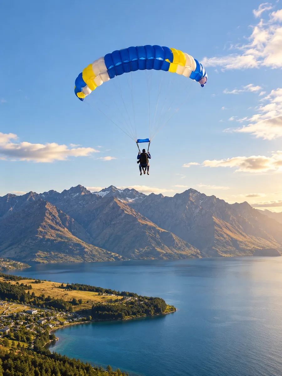 A tandem parachute above Lake Wakatipu and the Remarkables on a sunny afternoon